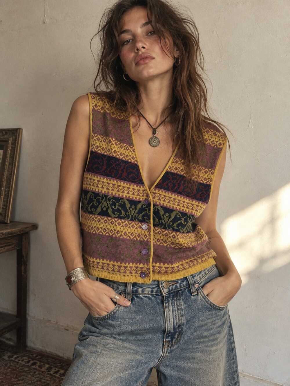 Vintage 90s Two Roads Folk Knit Sweater Vest Size L/XL Striped